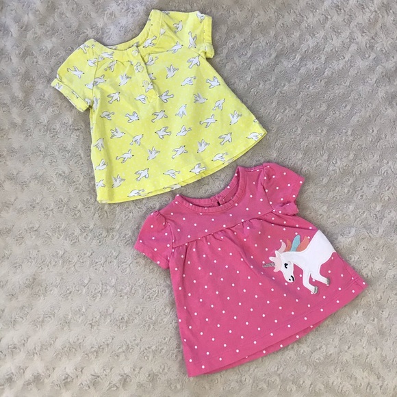 Carter’s Baby Girl Tops Bundle Size 3 Months Unicorn Bird Print Yellow Pink - Picture 2 of 4